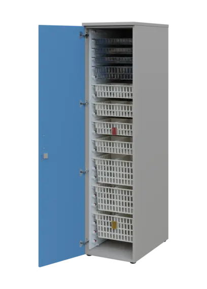 EUROMEDICA D - 46 skříň léková boxová, 1-dveřová, levá, 1950x460x735, korpus šedý, dvířka pastelově modrá